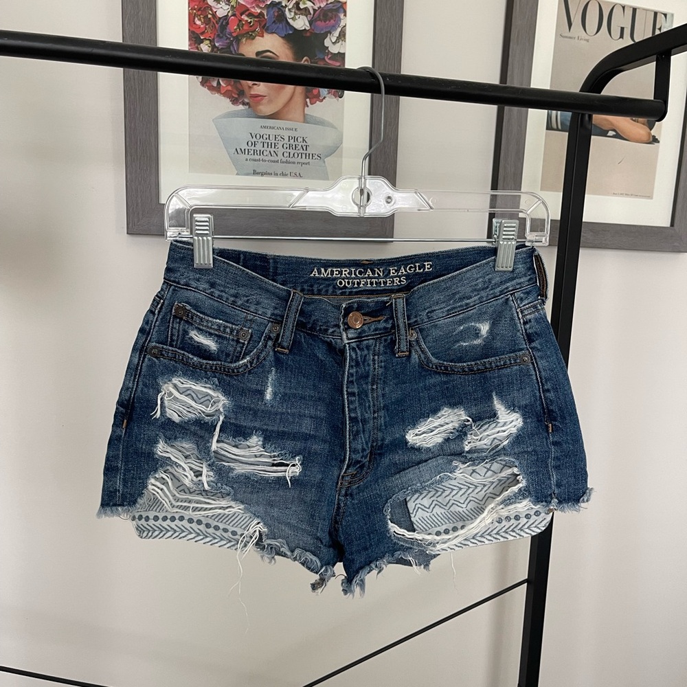 American Eagle Distressed dark denim jean shorts